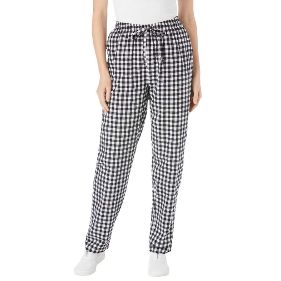 Woman Within Plus Size Seersucker Pull-On Elastic-Waist Pants - 黑色格子 - 查看 1