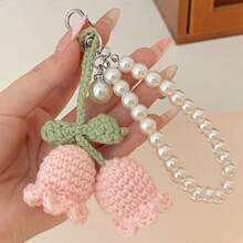 1pc Handmade White/Pink Woven Flower Backpack/Bookbag/Purse Pendant, Faux Pearl Decorated Bracelet / Keychain / Keyring, Crochet Flower Trinket Gifts For Women In Summer Valentine's Day Valentines School Pearl