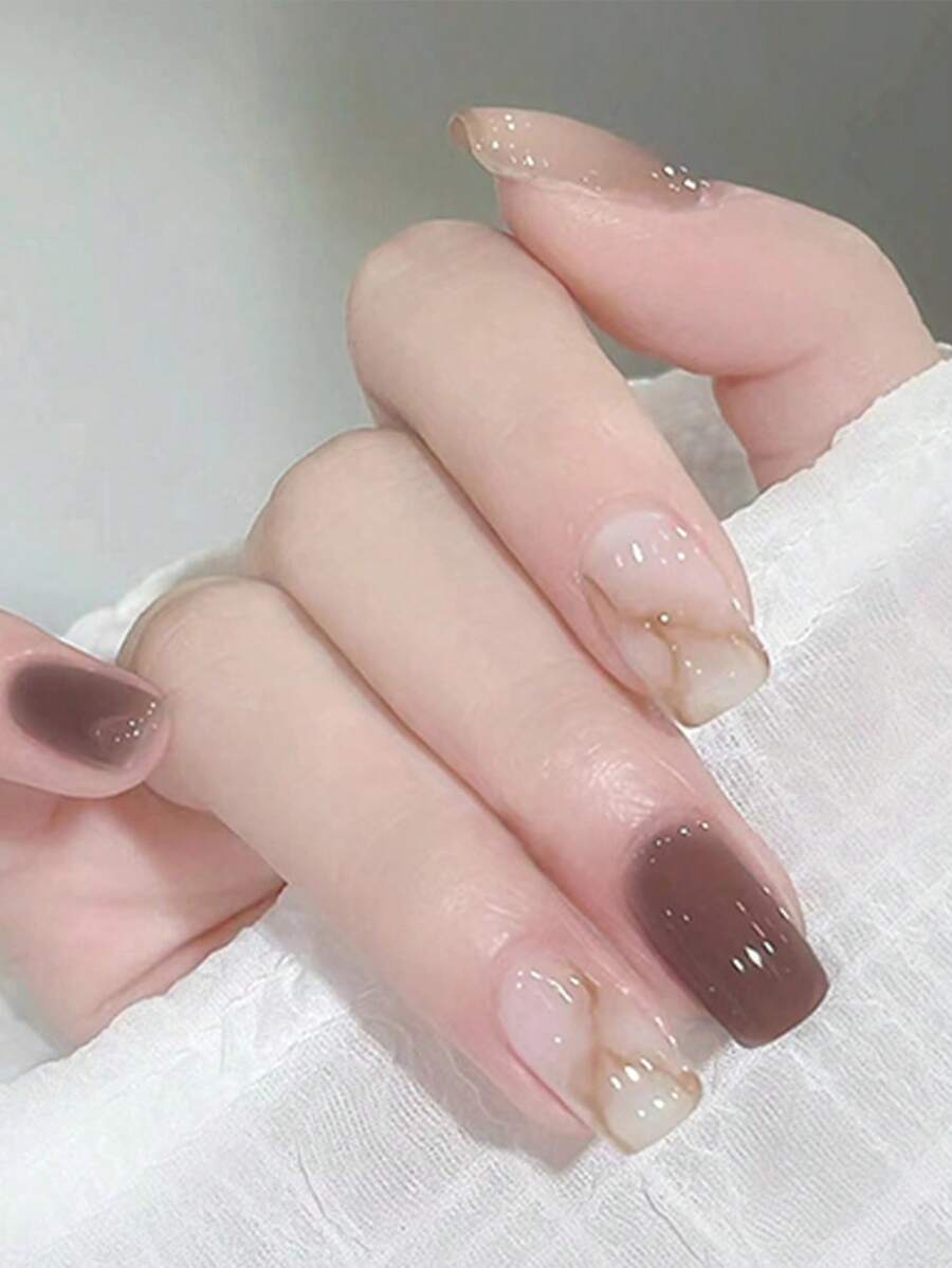 24pcs Trendy Short Square Marble & Ombre Press On Nails, Detachable