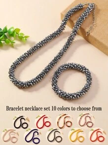 1pc Necklace And 1pc Elastic Bracelet Set, Handcrafted With Faceted Rice Beads, Bohemian Fairy Style For Travel, Beach Or Festival With Imitation Crystal & Gemstones. 10 Color Variations Available For Women, Perfect For Daily Wear, Business Or Festive Occasions. - Bracelet Necklace Set - View 11
