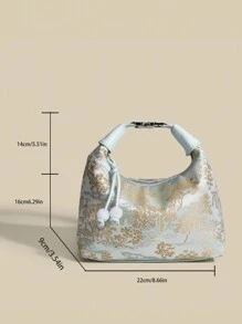 FEISTURE 1pc Solid Color Nylon Fabric Chinese-Style Embroidery Pattern Handheld Bucket Bag Suitable For Shopping, Dating, Women Gifts, White-Collars , Especially For Office, School, Work, Commute