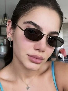 1 件 Y2K 椭圆形无框太阳镜，细金属镜腿饰有米钉，复古 Ins 风格户外街头快照配饰，适合日常穿着、派对和度假使用，夏季太阳镜海滩太阳镜女士海滩配饰太阳镜太阳镜色调基础款，适合毛衣牛仔裤运动裤连帽衫夹克连衣裙和长袖衬衫时尚遮阳优雅装扮家庭出游旅行度假假期，适合夏季海滩度假、户外、旅行 - 金色 - 查看 9