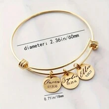 Gold Round Personalized Stainless Steel Family Nameplate Bracelet - 1-5 Circular Names That Can Be Carved Customized Birthday & Anniversary Gift For Women - 1pc Black Gift Box -Holiday Jewelry Adjustable Bracelet, Customized Names, Fashionable Personalized Holiday Gift, Couple Bracelet Gift Stylish, Vintage, Contracted, Simple, Fall Fashion, Casual, Soccer Mom Custom - Gold - View 4