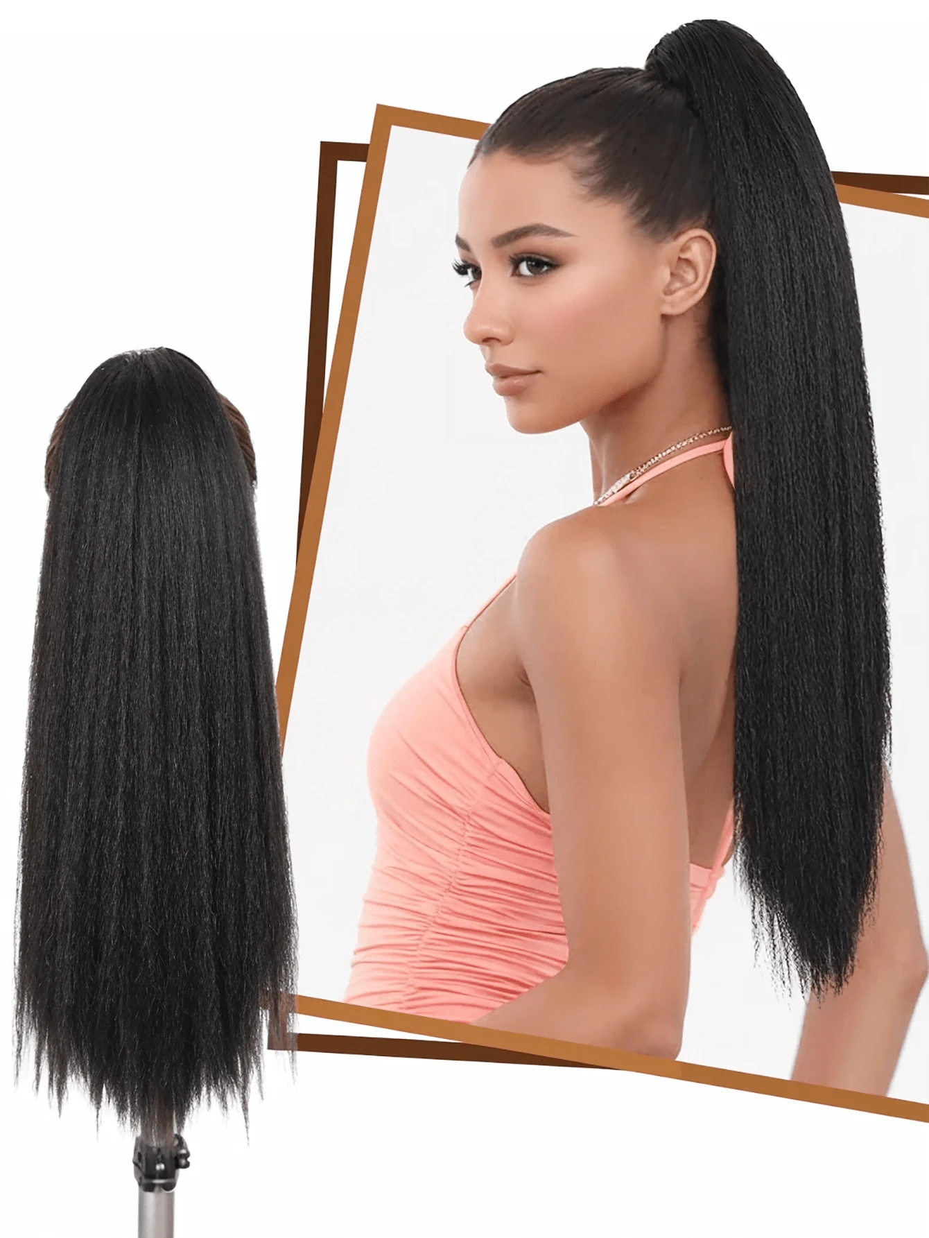Phần mở rộng kiểu tóc đuôi ngựa thẳng Kinky Màu đen tự nhiên Yaki Pony Tails Clip tổng hợp mềm mại ở phần mở rộng tóc đuôi ngựa 16 inch 20 inch 24 inch 28 inch Móng vuốt trên tóc đuôi ngựa cho phụ nữ (Đen tự nhiên 1B #) - màu đen - Xem 1