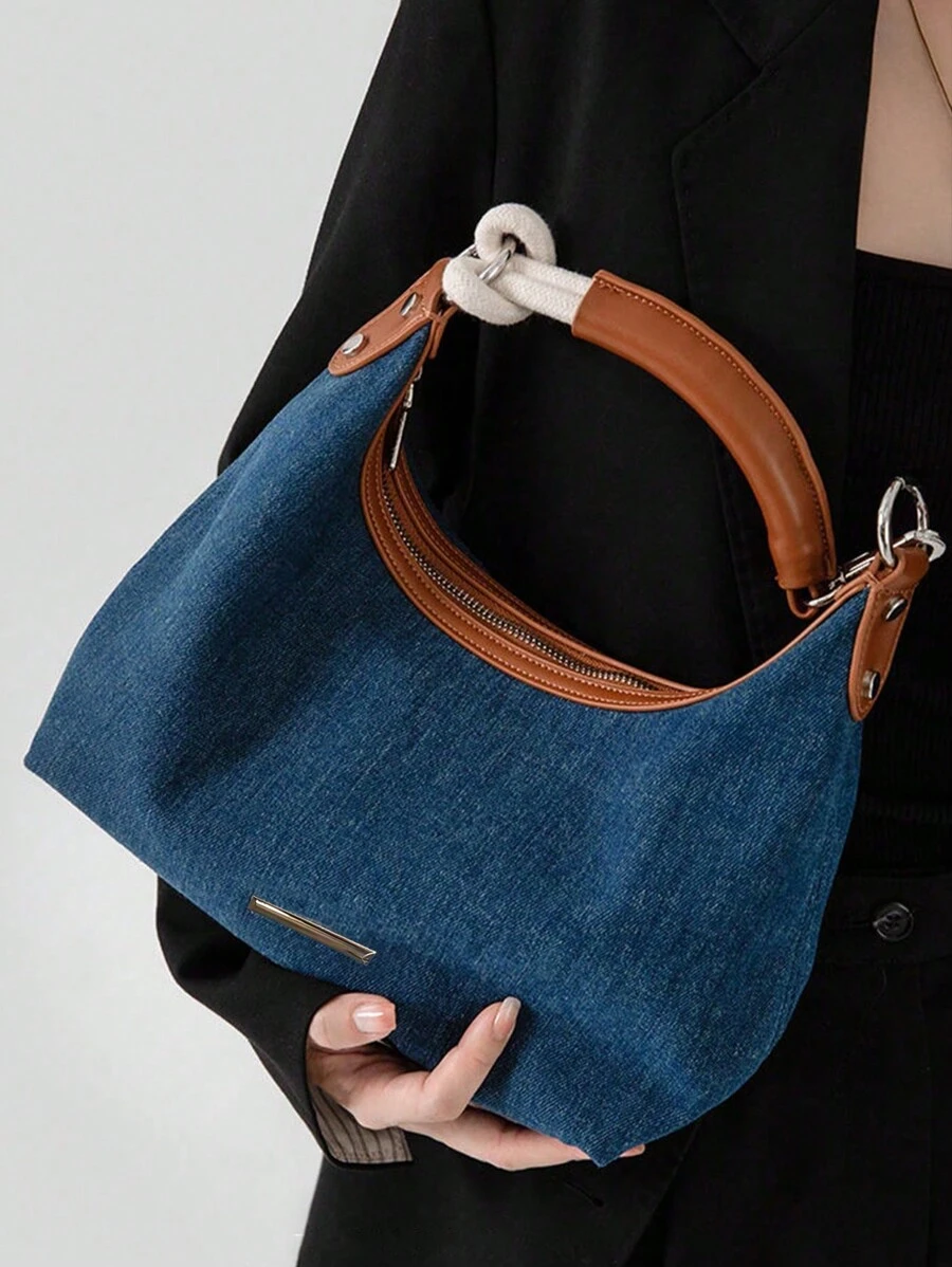 Dedoo Joker复古牛仔托特包女2024新款高档小众腋下包斜挎单肩包 - 藍色 - 查看 1