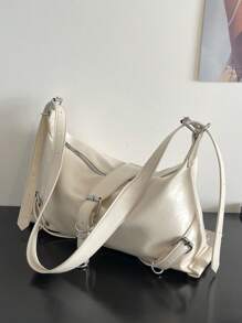 Y2K Style Buckle Decor Crossbody Bag For Women, Multi-Functional Adjustable Shoulder Strap Tote With Retro Handle - Beige - View 6