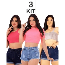 Kit 3 Short Jeans Feminino Levanta Bumbum Modela Cintura - Azul - Visão 6