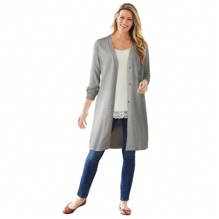 Woman Within Plus Size Perfect Cotton Duster Sweater - MEDIUM HEATHER GREY - View 1