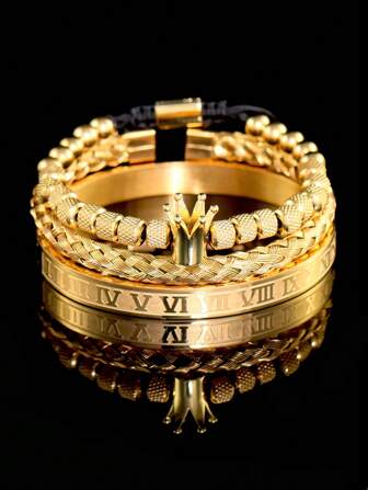 3pcs Fashionable Men's Stainless Steel Roman Number & Crown Decorated Braided Bracelet, Suitable For Daily Wear And As A Gift For Boyfriend, Male Friend's Birthday Party