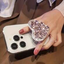 1pc Universal Set, Artificial Diamond Heart Design Phone Ring Holder - 360° Rotatable Finger Grip Stand, Suitable For Smartphones - Fashionable & Convenient, Compatible With IPhone And Android Phones, Birthday/Gift For Family & Friends, Push-Pull Phone Ring Holder, Phone Stand, Phone Accessory - Pink - View 2