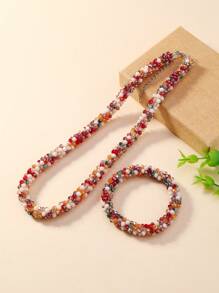 1pc Necklace And 1pc Elastic Bracelet Set, Handcrafted With Faceted Rice Beads, Bohemian Fairy Style For Travel, Beach Or Festival With Imitation Crystal & Gemstones. 10 Color Variations Available For Women, Perfect For Daily Wear, Business Or Festive Occasions. - Bracelet Necklace Set - View 14