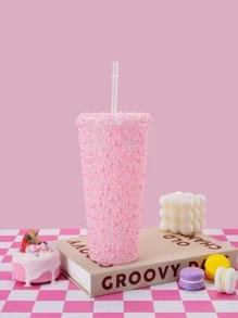 1 pieza Vaso brillante de 12 Oz (aprox. 340 g) hecho a mano con cristales, con tapa y pajita incorporados - Perfecto para personalizar, café con hielo, agua, para la oficina, fiestas en casa o en la playa, regalo para dama