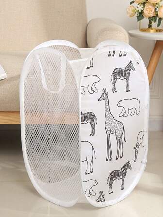 Cartoon Foldable Three-Sided Mesh Dirty Laundry Basket With Handle (White) Love Valentine