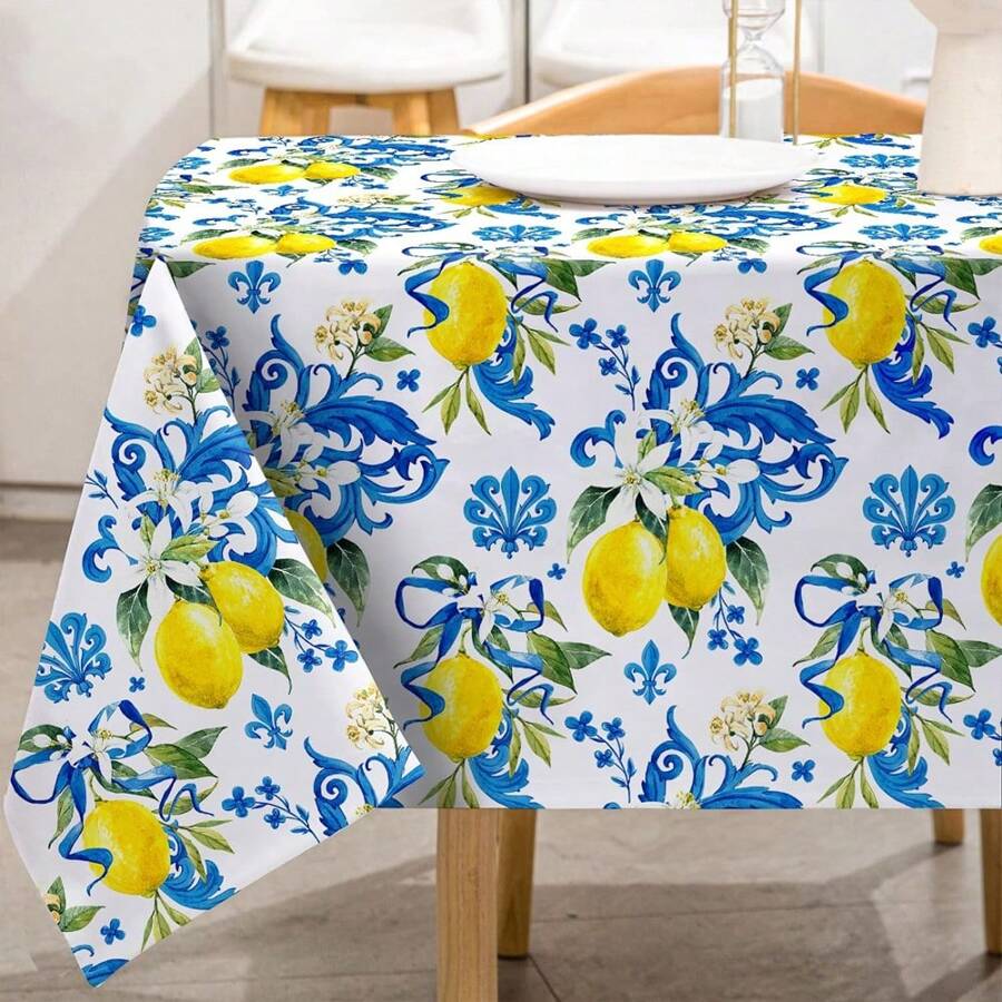 1pc Lemon Printed Tablecloth For Spring And Summer, Italian Lemon Table Cloth Stain-Resistant And Washable For Picnic, Kitchen, Dining Table Party Decor - Blue - View 1