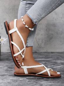 Damen Weiße Flache Sandalen, Sommer Mode Flip-Flops, Zehenstegsandalen im Geflochtenen Stil für Urlaub und Pendeln - Weiss - Übersicht 5