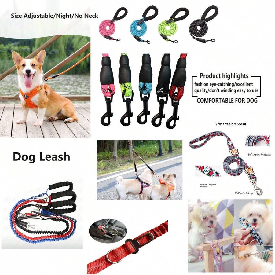 狗繩、狗鏈，小型、中型和大型犬尼龍反光一對二35-53cm繩子、1.2-1.9m長繩、1.5m圓繩，寵物用品 - 彩色 - 查看 1