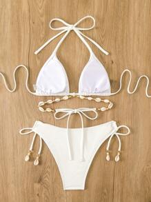 女士纯色贝壳装饰性感清新比基尼泳装，春夏 - 白色 - 查看 2
