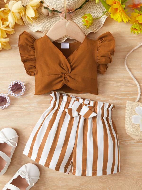 Baby Girl Solid Color Twist Front Cap Sleeve Top With Striped Bowknot Paper Bag Waist Shorts, Vacation Casual Outfits
