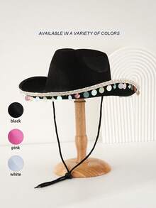 1頂中性純色牛仔帽，配有緞帶和串珠繡邊，簡單時尚，可調節下巴帶。非常適合海灘派對、西部主題活動、社交聚會、訂婚派對、角色扮演、畢業典禮、化妝舞會、節日慶典、婚禮、舞會、生日派對、音樂節和成人儀式等場合。 - 紙帽子 - 查看 11