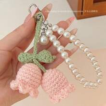 1pc Handmade White/Pink Woven Flower Backpack/Bookbag/Purse Pendant, Faux Pearl Decorated Bracelet / Keychain / Keyring, Crochet Flower Trinket Gifts For Women In Summer Valentine's Day Valentines School Pearl