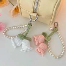 1pc Handmade White/Pink Woven Flower Backpack/Bookbag/Purse Pendant, Faux Pearl Decorated Bracelet / Keychain / Keyring, Crochet Flower Trinket Gifts For Women In Summer Valentine's Day Valentines School Pearl
