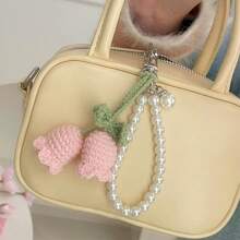 1pc Handmade White/Pink Woven Flower Backpack/Bookbag/Purse Pendant, Faux Pearl Decorated Bracelet / Keychain / Keyring, Crochet Flower Trinket Gifts For Women In Summer Valentine's Day Valentines School Pearl