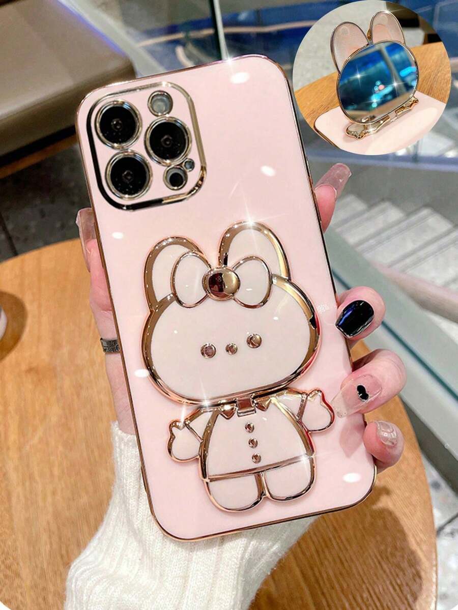 Makeup Mirror Rabbit Stand Electroplated Phone Case Compatible With IPhone 15 Pro Max 14 13 12 11 - Pink - View 1