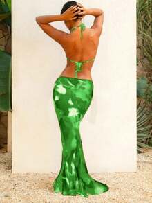 女士印花性感比基尼套装，3 件套系带，甜美海滩度假比基尼套装夏季海滩 - 綠色 - 查看 2