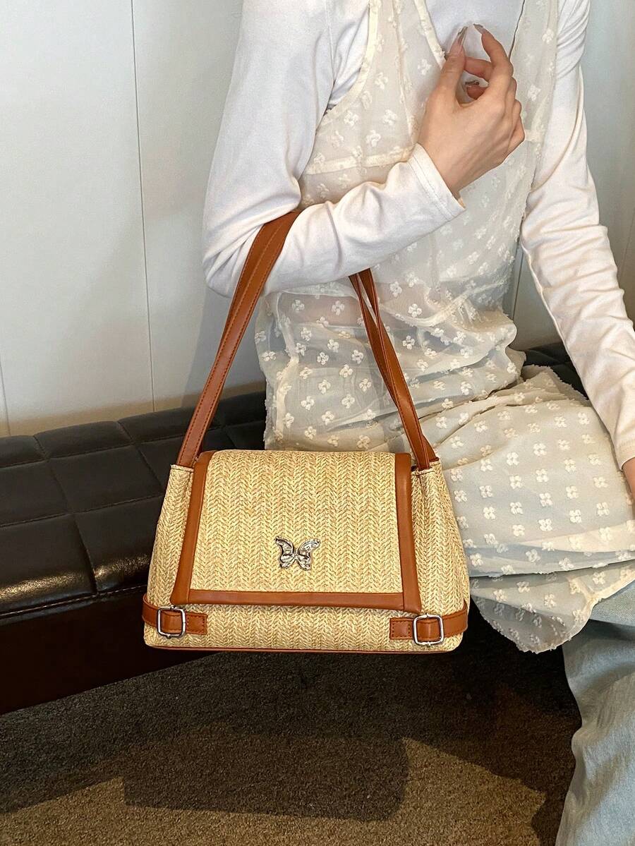low tea 1 chiếc túi đeo vai bằng vải rơm màu và vải PU có trang trí hình con bướm, thích hợp cho các cô gái tuổi teen, sinh viên đại học, đi làm, ngoài trời, du lịch, đi chơi vào mùa hè - Nhiều màu - Xem 1