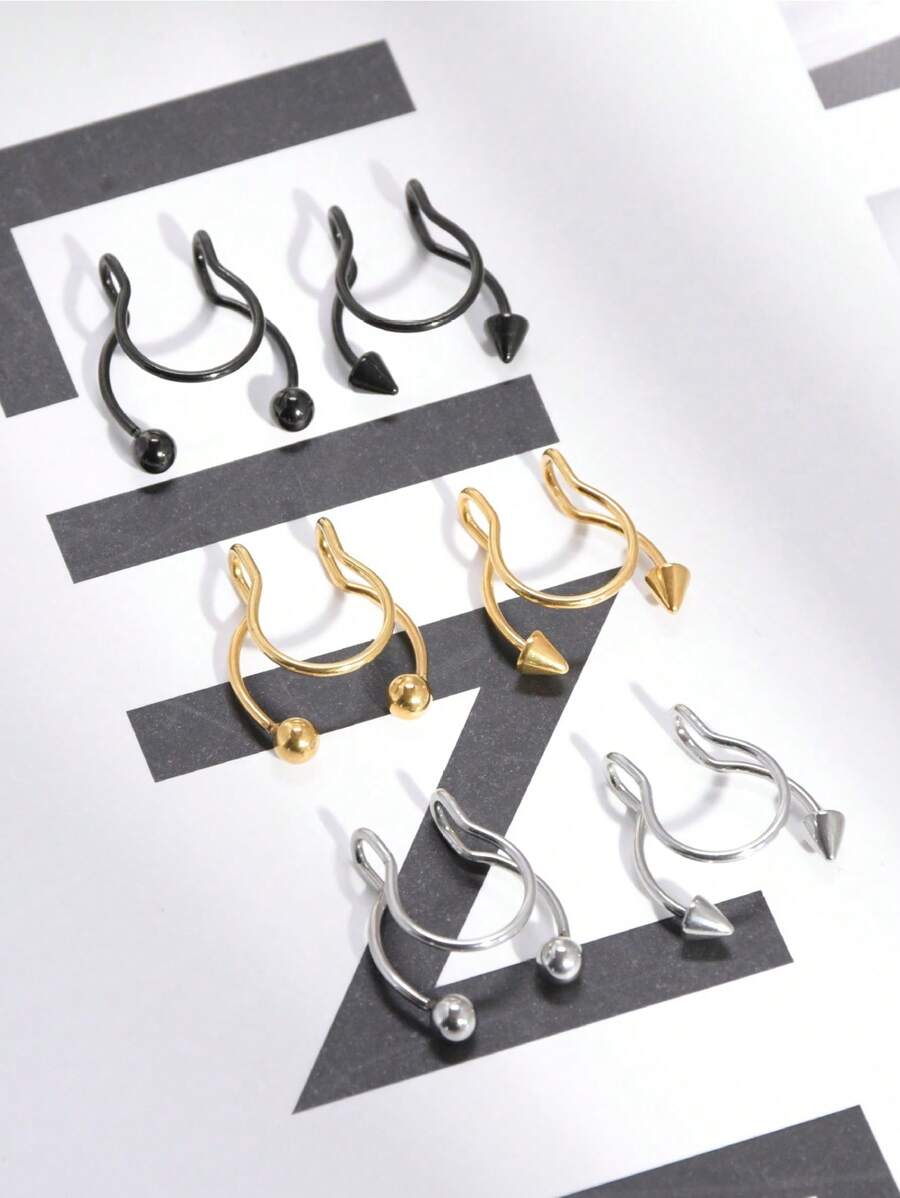 1pc Fashionable Stainless Steel Cone Shaped U Divider Fake Nose Ring Horseshoe Hoop Clip Jewelry - Multicolor - View 1