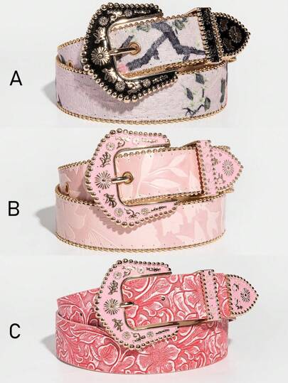 1 件复古西式花卉压花金属扣不对称随机彩色闪光压花图案腰带，百搭配饰，适合夏季休闲装、秋季学校装、秋季装、万圣节