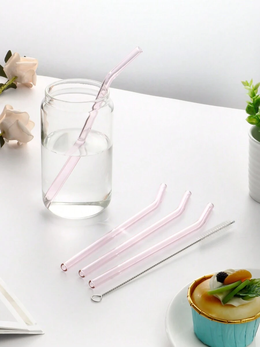 2/3/4 件玻璃吸管套装，含 1 件清洁刷，可重复使用吸管，适用于在家或商店饮用饮料、奶茶、水果茶、厨房、圣诞礼物、学校用品 - 粉色 - 查看 1