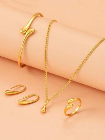 4入組時尚極簡水滴項鍊耳環手鍊戒指套裝