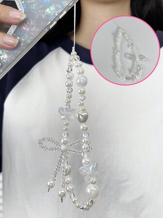 1pc White Acrylic Resin Detachable Beaded Bow Handmade Bracelet Mobile Phone Shell Short Bracelet Gifts For Mother, Family, Friends, Birthday, Holiday Phone Charm, Phone Chain