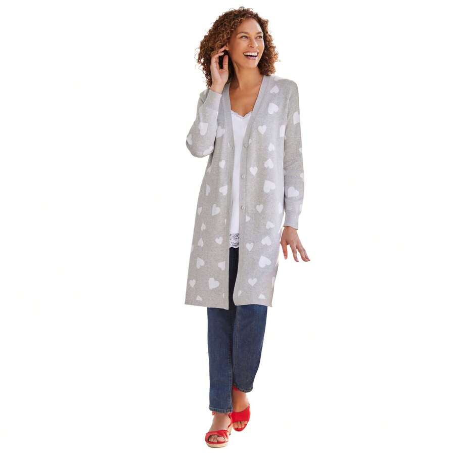 Woman Within Plus Size Perfect Cotton Duster Sweater - HEATHER GREY SCATTERED HEARTS - View 1