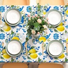 1pc Lemon Printed Tablecloth For Spring And Summer, Italian Lemon Table Cloth Stain-Resistant And Washable For Picnic, Kitchen, Dining Table Party Decor - Blue - View 5
