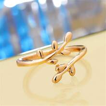 1pc Adjustable Personalized Leaf-Shaped Open Ring Suitable For Women And Girls, Plated With Gold, With Peace Olive Branch Design - Gold - View 2