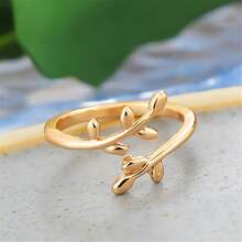 1pc Adjustable Personalized Leaf-Shaped Open Ring Suitable For Women And Girls, Plated With Gold, With Peace Olive Branch Design - Gold - View 1