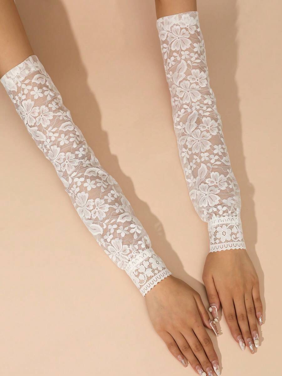 1pair Fashionable Loose Lace Sleeve Cover UV Protection Concealer Clothing, False Arm Sleeves - White - View 1