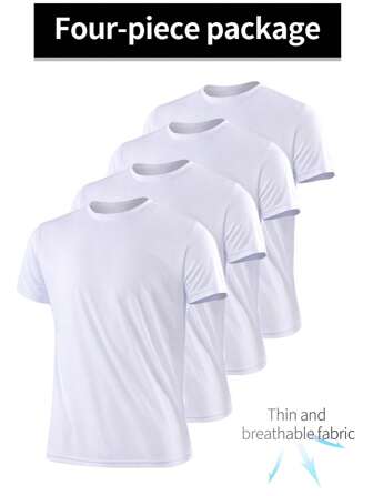 4 件套男士超薄透气运动短袖 T 恤，轻盈运动上衣，圆领，适合跑步、健身房、锻炼、春夏季