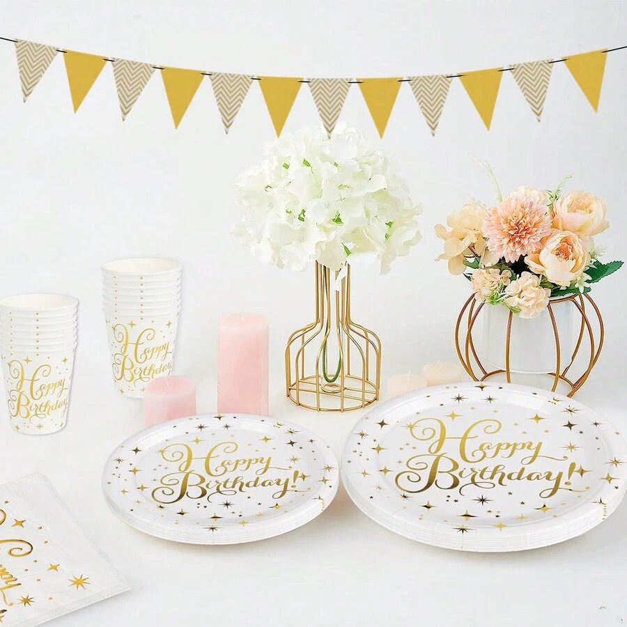 Conjunto de vajilla desechable para fiestas de cumpleaños de 40 piezas: platos de papel de 7 y 9 pulgadas y vasos de papel - Blanco - Ver 1