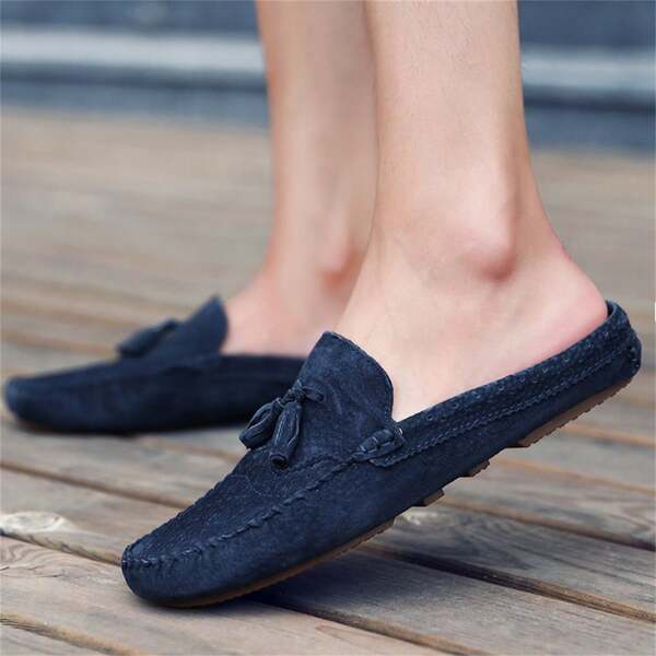 Sandalias tipo mocasín para hombre, estilo de vacaciones de moda, Top de cuero azul, verano
