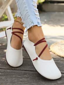 Women's Wide Round Toe Fashionable Comfortable Solid Color Stretch Woven Upper Flat Work Shoes - Beige - View 2