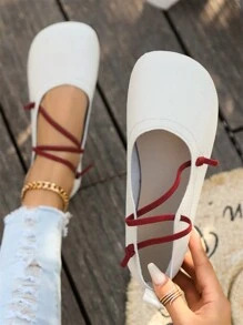 Women's Wide Round Toe Fashionable Comfortable Solid Color Stretch Woven Upper Flat Work Shoes - Beige - View 1