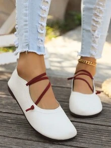 Women's Wide Round Toe Fashionable Comfortable Solid Color Stretch Woven Upper Flat Work Shoes - Beige - View 3