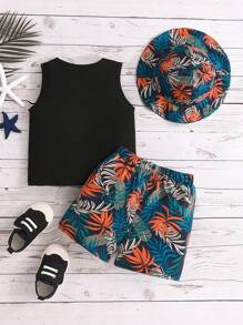 Baby Boy 3pcs/Set Fashionable Leaf Printed Top, Shorts And Outfits Set, Summer - Multicolor - View 2