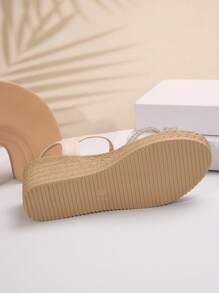 Women Wedge Sandals, New Korean Style Rhinestone Plus Size Chunky High Heels Platform Slippers For Summer - Khaki - View 7