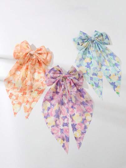 1件女士简约优雅橙色、紫色、蓝色花卉印花丝带蝴蝶结发夹，百搭春夏配饰