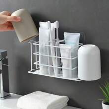 1 pieza Portacepillos de dientes de acero inoxidable con soporte para taza de baño, organizador de almacenamiento multifuncional montado en la pared para encimeras de baño y cocina, negro/blanco - Multicolor - Ver 11
