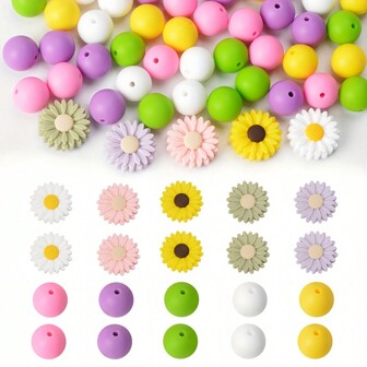 30/60 piezas Cuentas de silicona de colores, cuentas de flor de 15 mm, set de cuentas de margarita de 22 mm, combinación de cuentas redondas de girasol para llaveros DIY, collares, pulseras, bolígrafos, accesorios de joyería colgante
